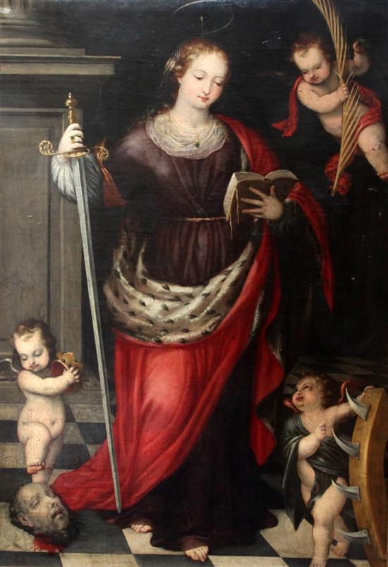 19th century Spanish School Saint Catherine with amorini, 61 x 42in.